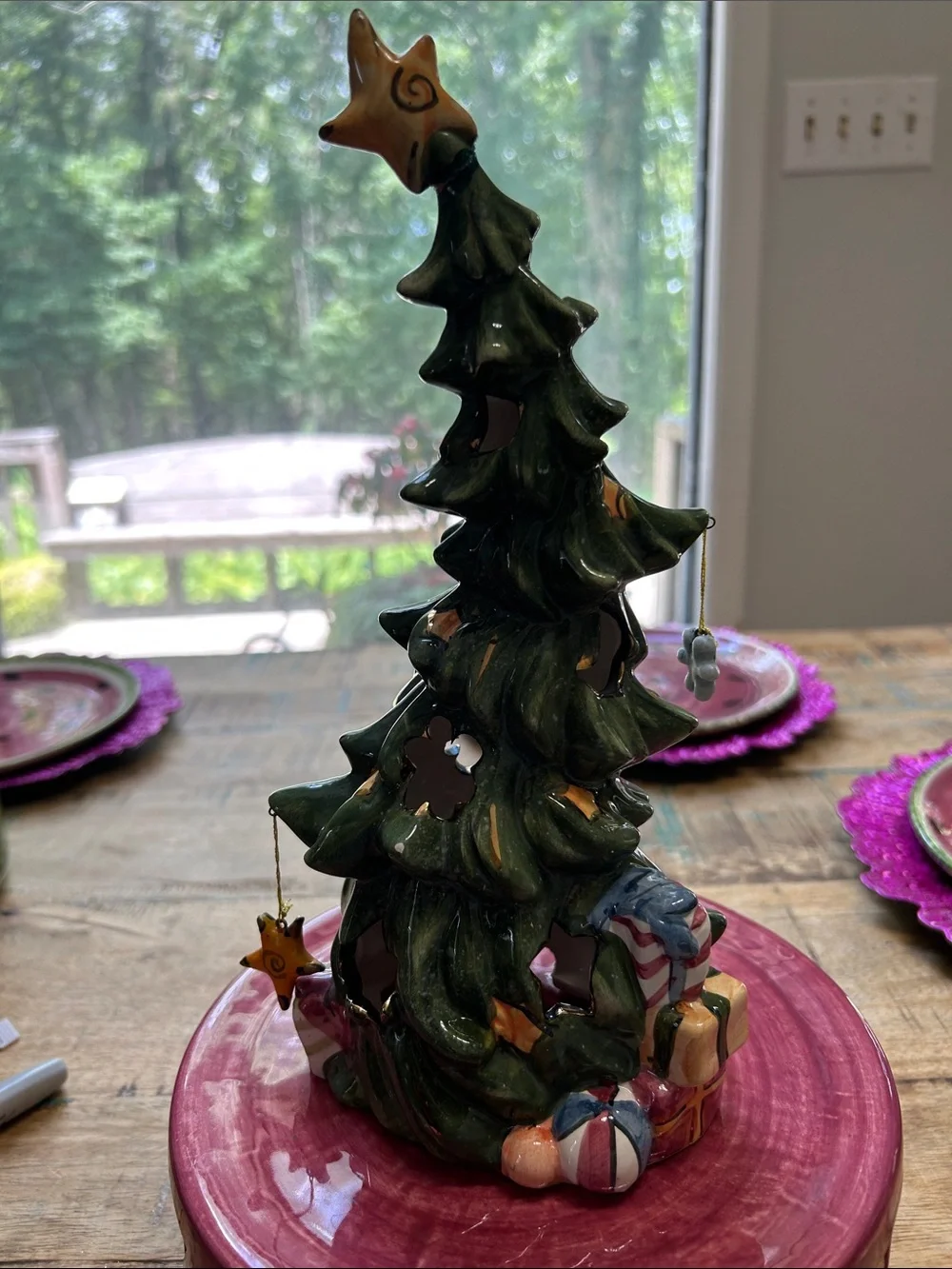 Blue Sky Green Ceramic Holiday Tree with Star Topper and Gift Accents